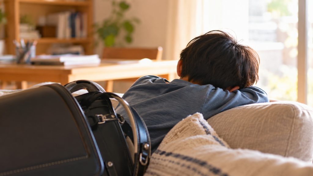 学校行事や練習で疲れて家で休む子どものイメージ