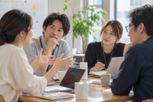 明るい会議室で、男女4人の職員が意見を交わす様子。発言する人に耳を傾け、相手の考えを受け止める姿から、肯定的な注目や心理的安全性のあるチームづくりを表現したイメージ写真。